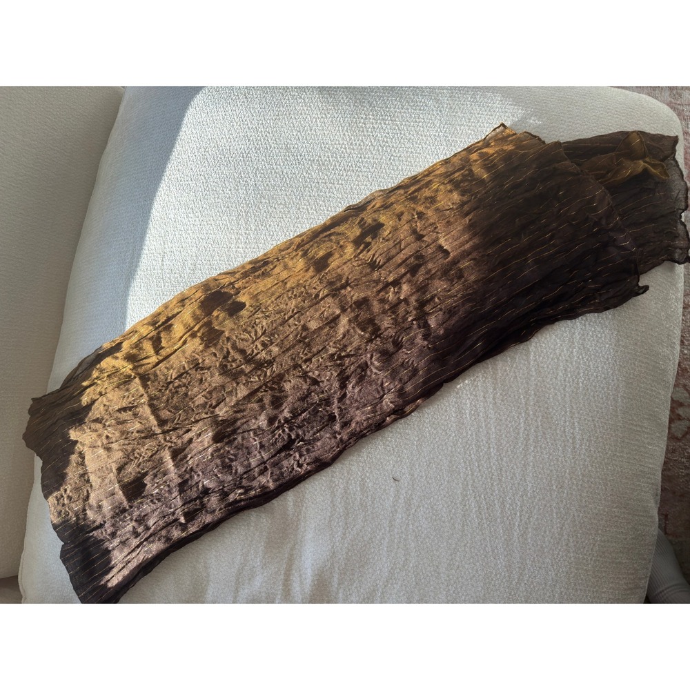 Brown Gold Ombre Crinkle Scarf Metallic Pinstripe Sheer Lightweight Bronze Wrap